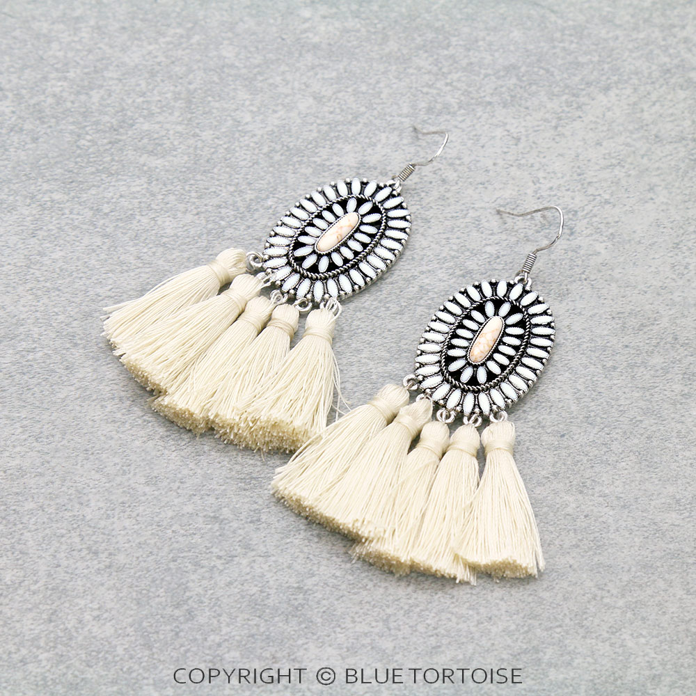 Epoxy Concho with Tassel Dangle Earrings