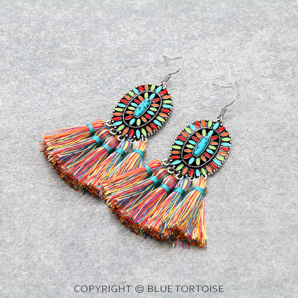 Epoxy Concho with Tassel Dangle Earrings
