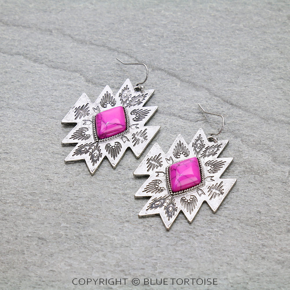 Western Aztec Pattern Stone Dangle Earrings