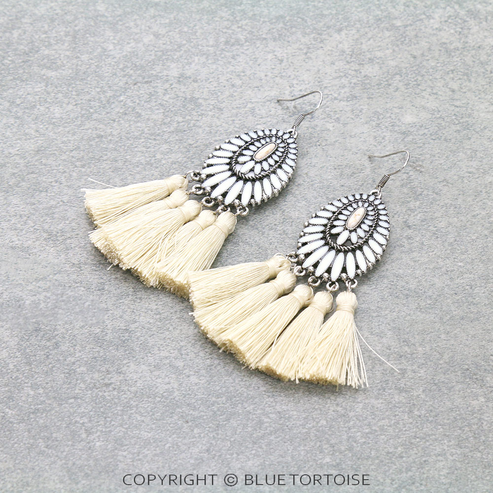 Epoxy Concho with Tassel Dangle Earrings