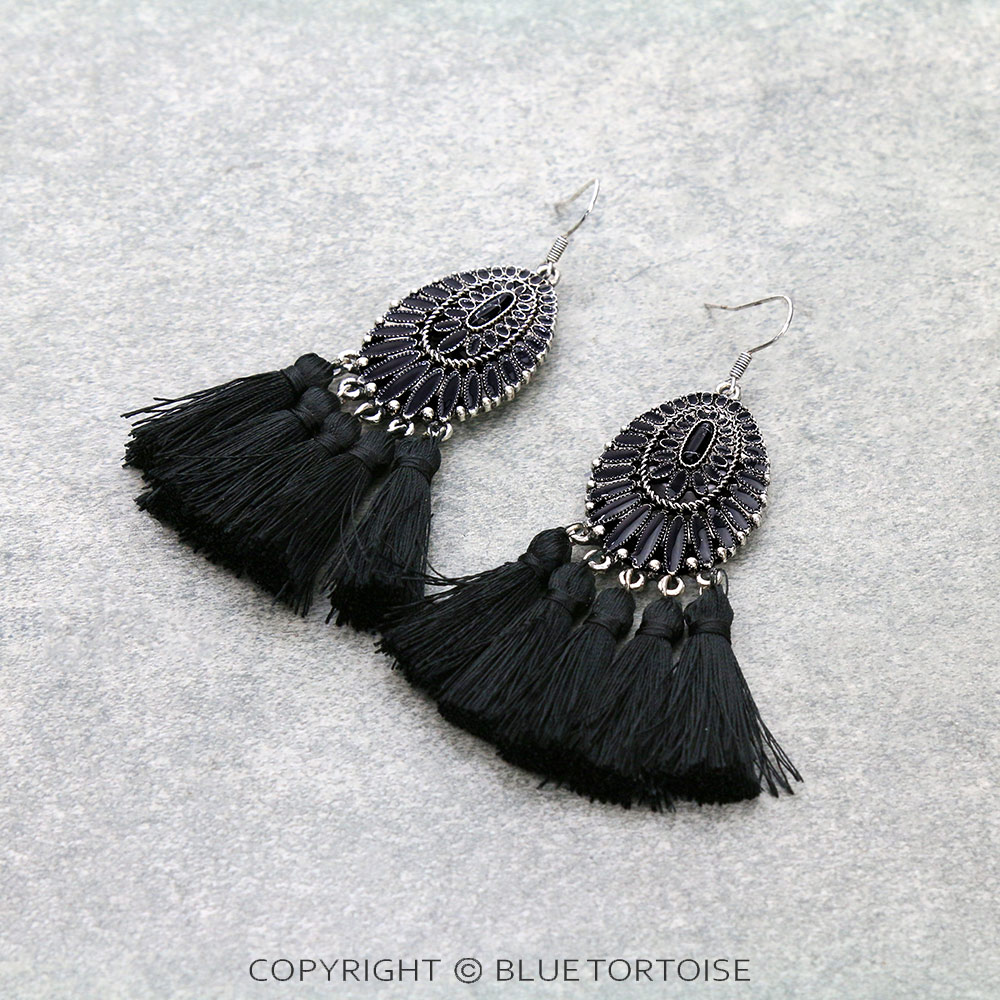 Epoxy Concho with Tassel Dangle Earrings