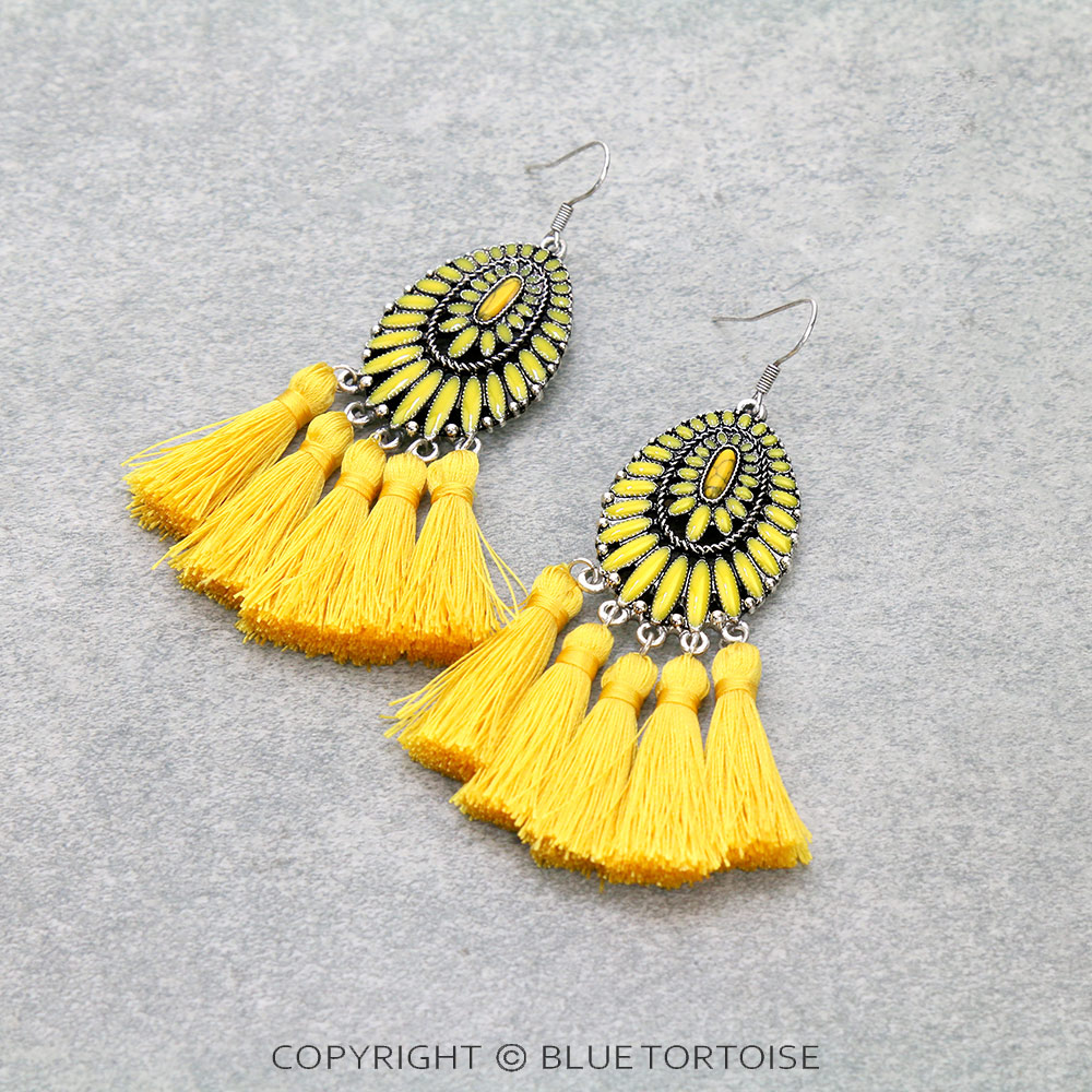 Epoxy Concho with Tassel Dangle Earrings