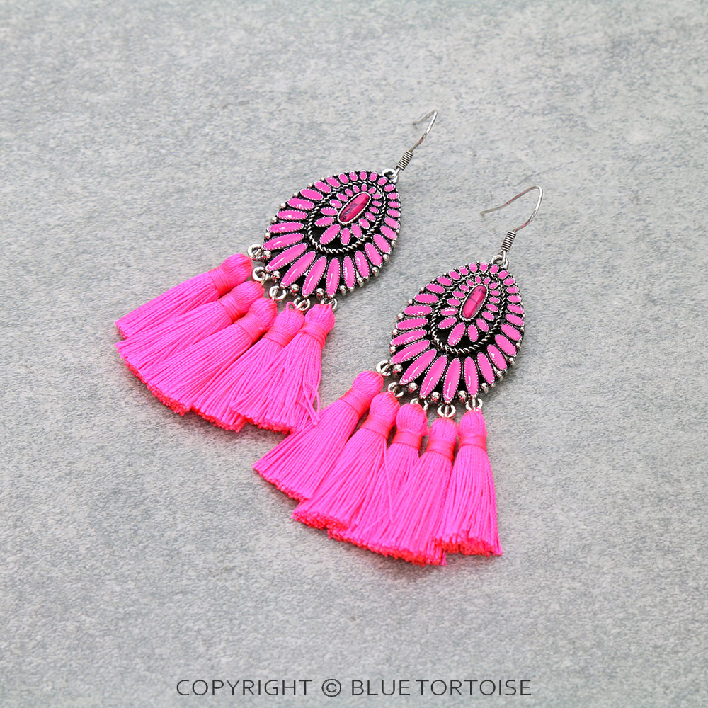Epoxy Concho with Tassel Dangle Earrings