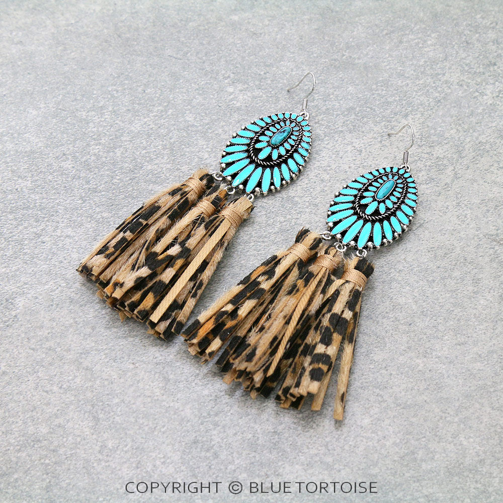 Epoxy Concho with Leather Tassel Dangle Earrings/D