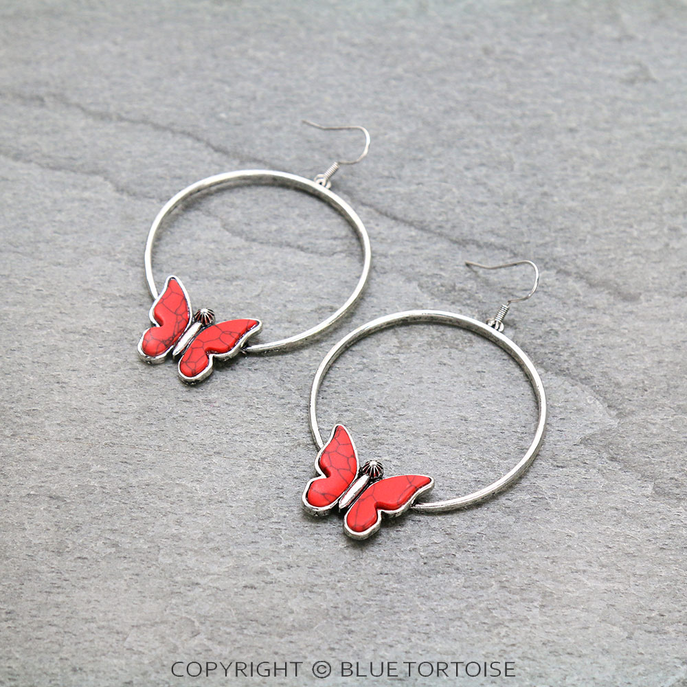 Butterfly Stone Hoop Dangle Earrings
