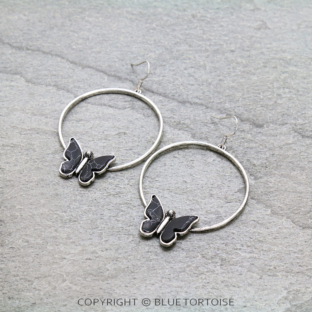 Butterfly Stone Hoop Dangle Earrings
