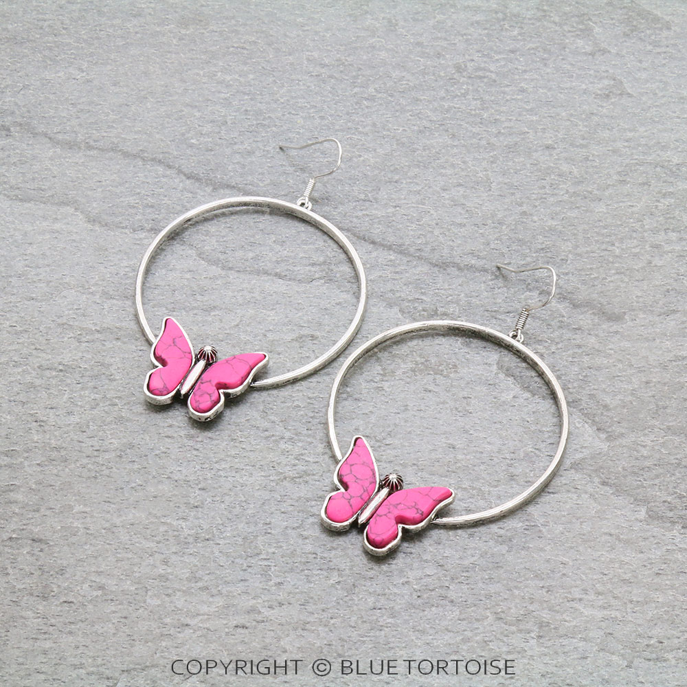 Butterfly Stone Hoop Dangle Earrings