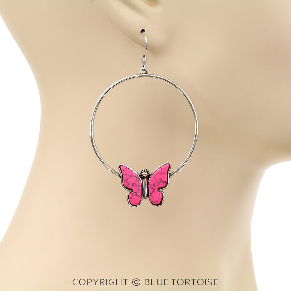 Butterfly Stone Hoop Dangle Earrings - Image 2