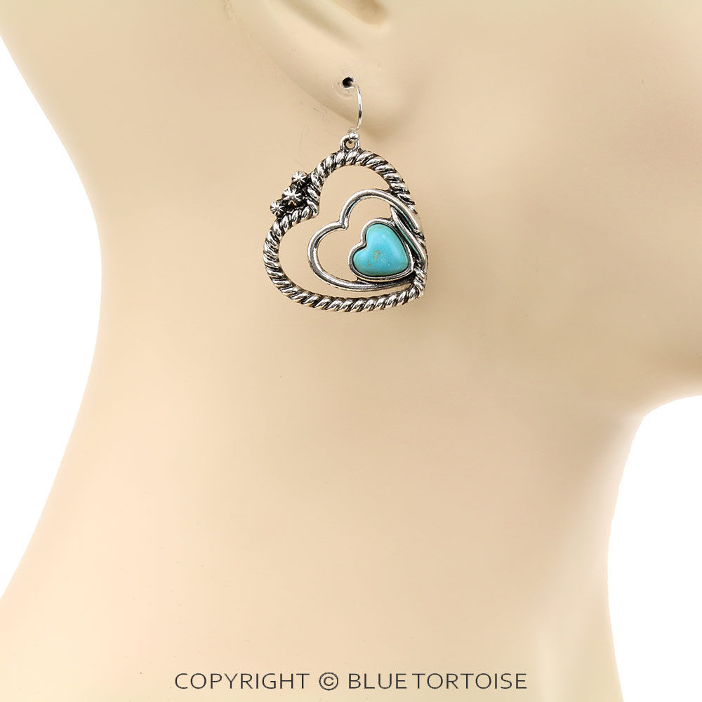 Western Heart Cutout Semi Stone Dangle Earrings - Image 2
