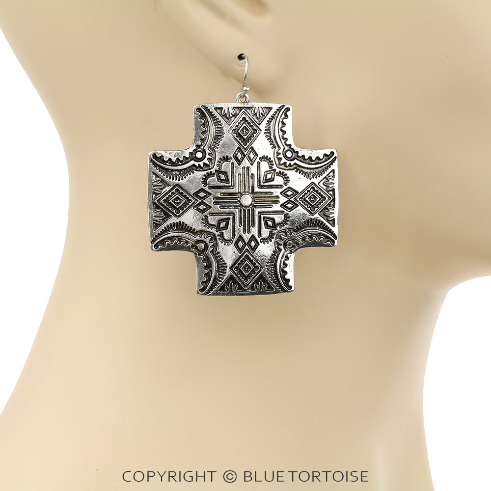 Western Aztec Cross Dangle Earrings - Image 2