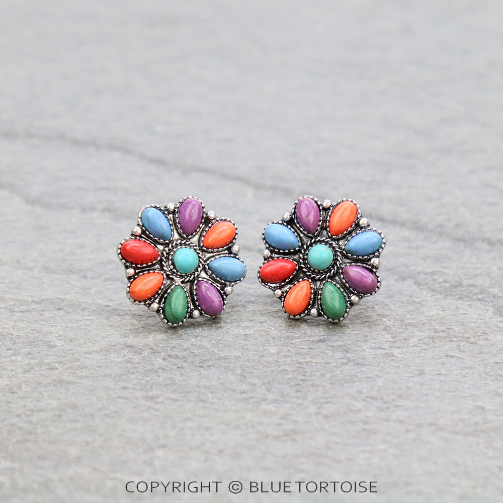 Western Concho Stone Stud Earrings