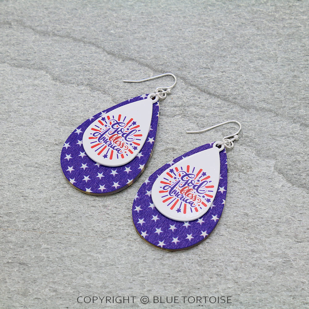 American Flag Printed Wood Teardrop Dangle Earrings