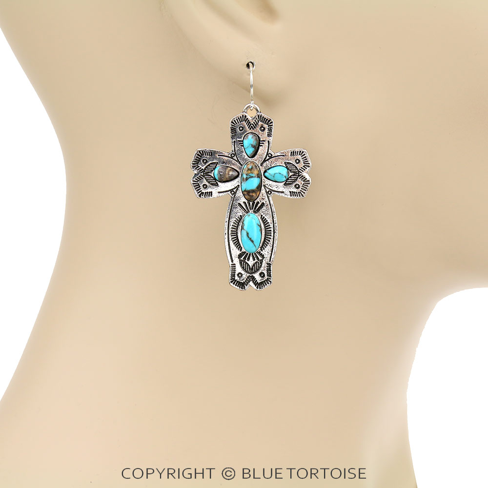 Western Cross Handmade Stone Dangle Earrings - Image 2