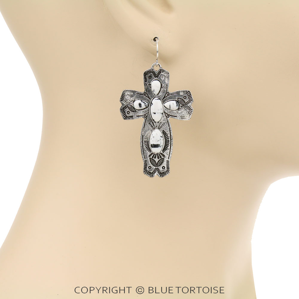 Western Cross Handmade Stone Dangle Earrings - Image 2