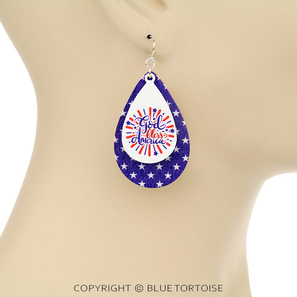 American Flag Printed Wood Teardrop Dangle Earrings - Image 2