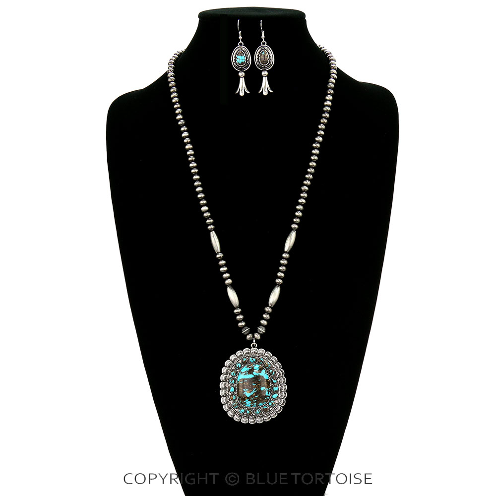 Western Handmade Stone with Navajo Style Pearl Necklace Set - Image 2