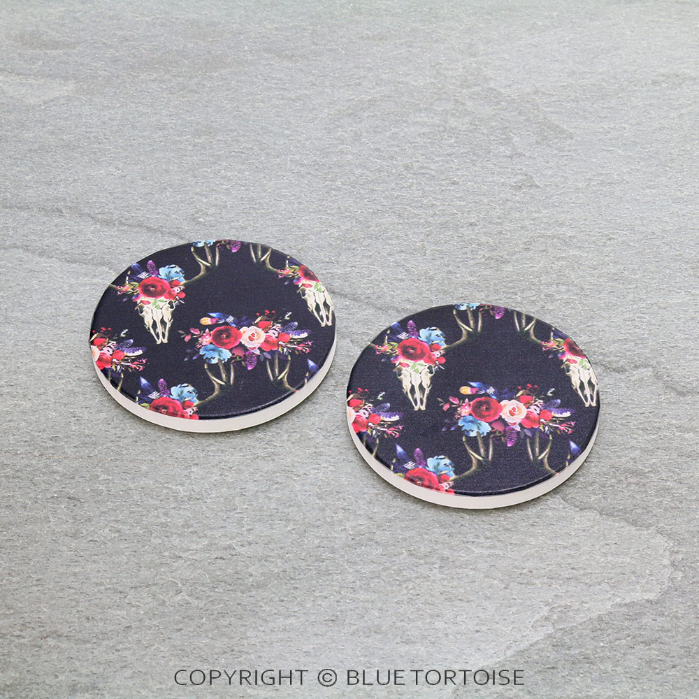 Black Floral Steer Head Absorbent Ceramic Car Coasters