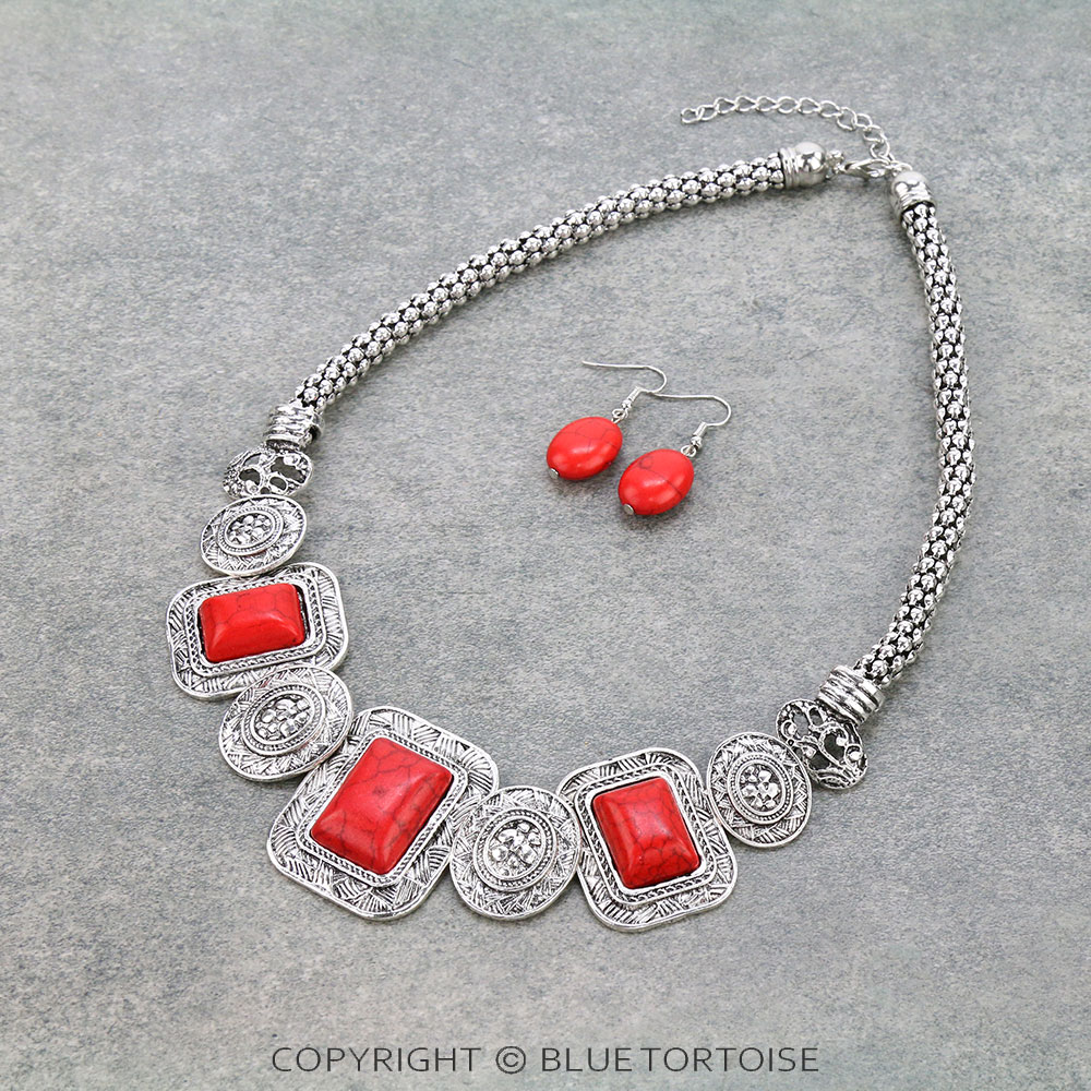 Western Rectangle Stone Necklace Set