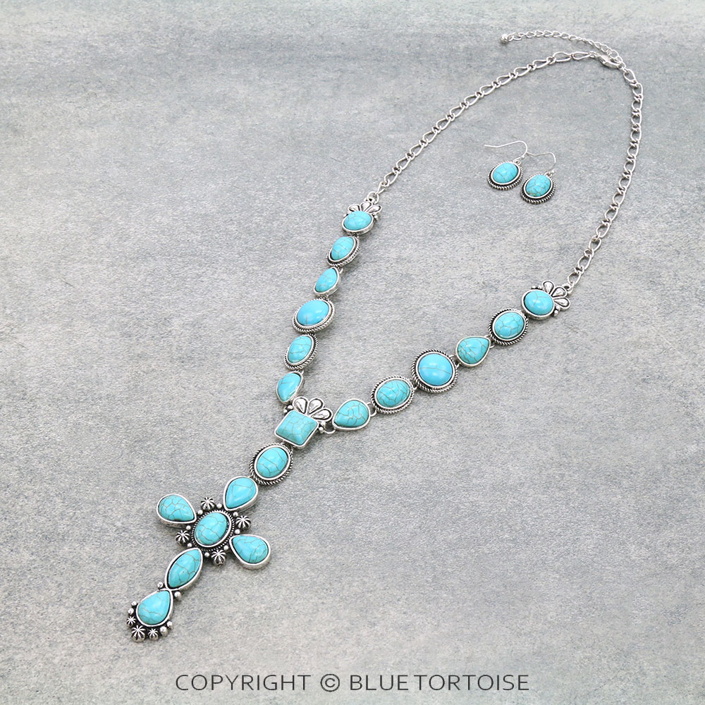 Western Semi Stone Cross Pendant Necklace