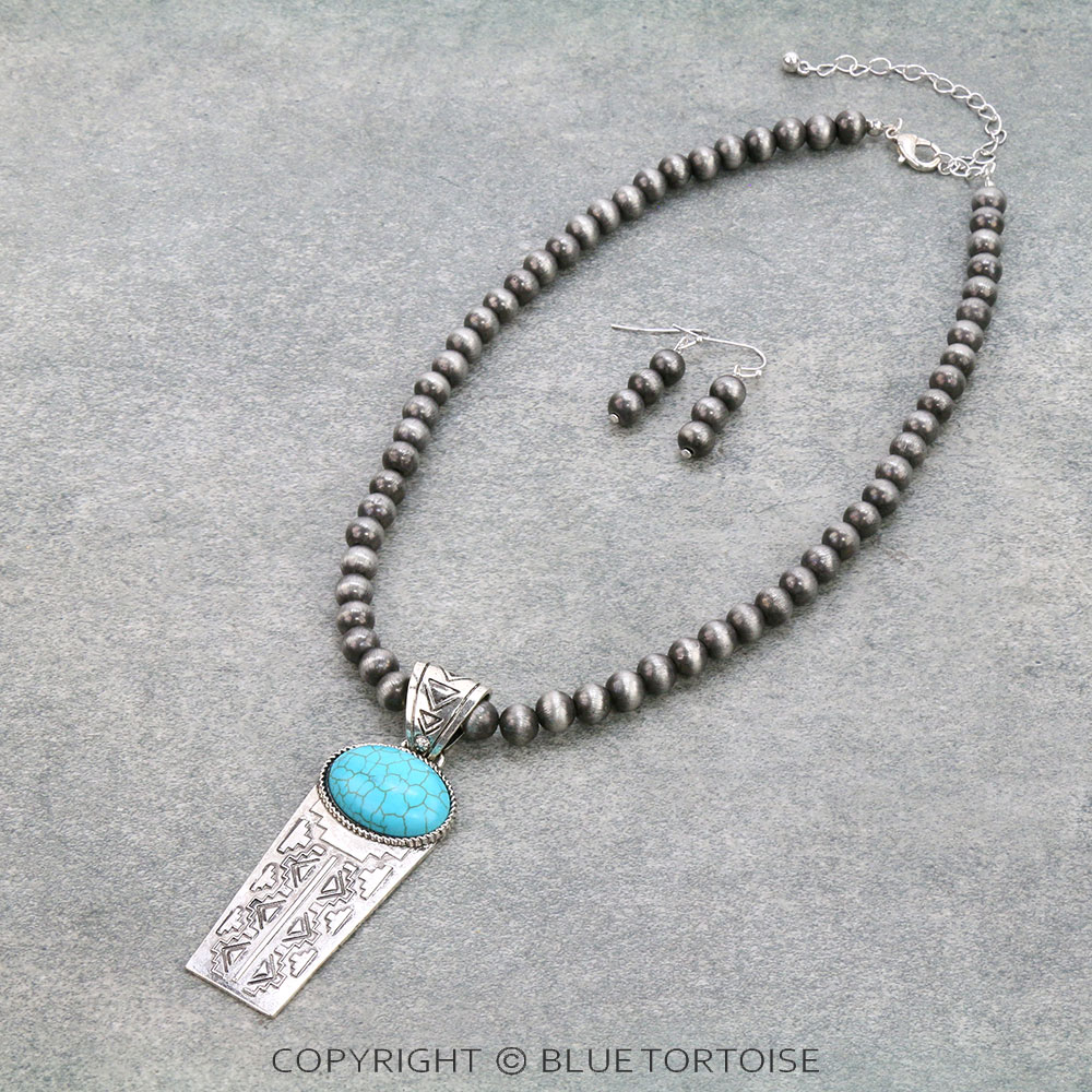 Western Aztec Semi Stone Pendant Necklace Set