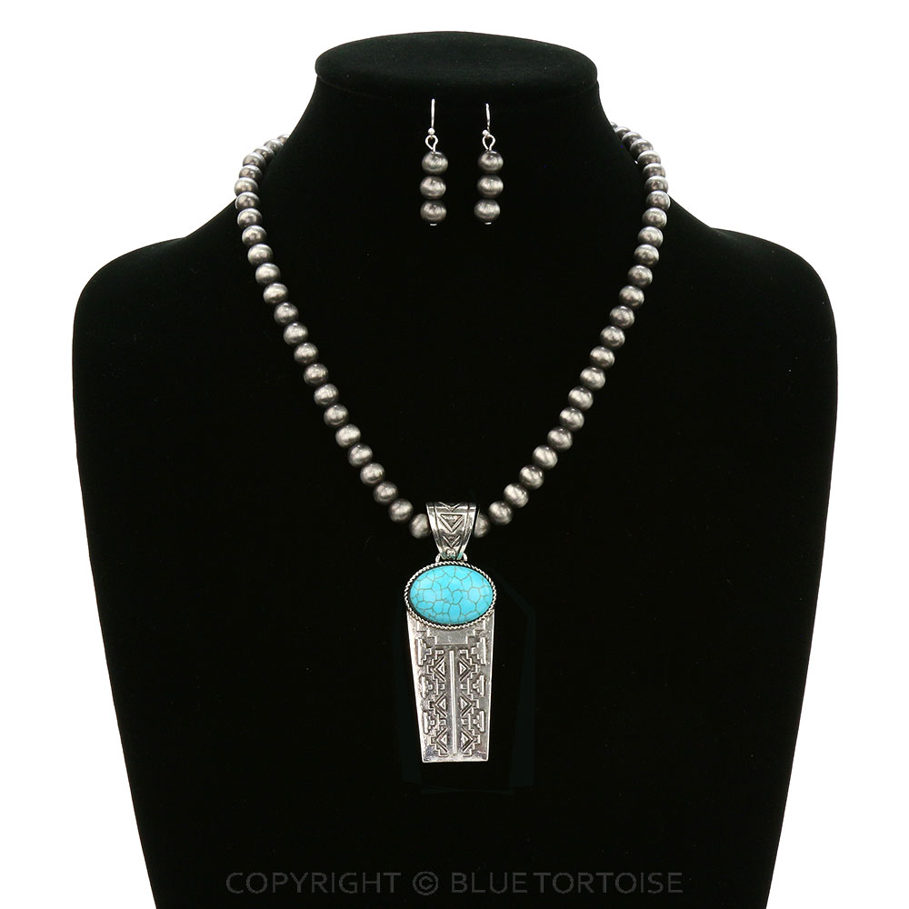 Western Aztec Semi Stone Pendant Necklace Set - Image 2