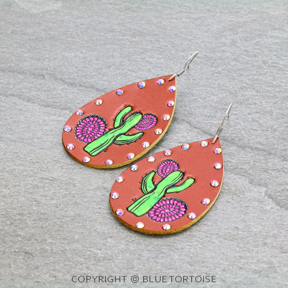 Cactus Print Leather Teardrop Dangle Earrings