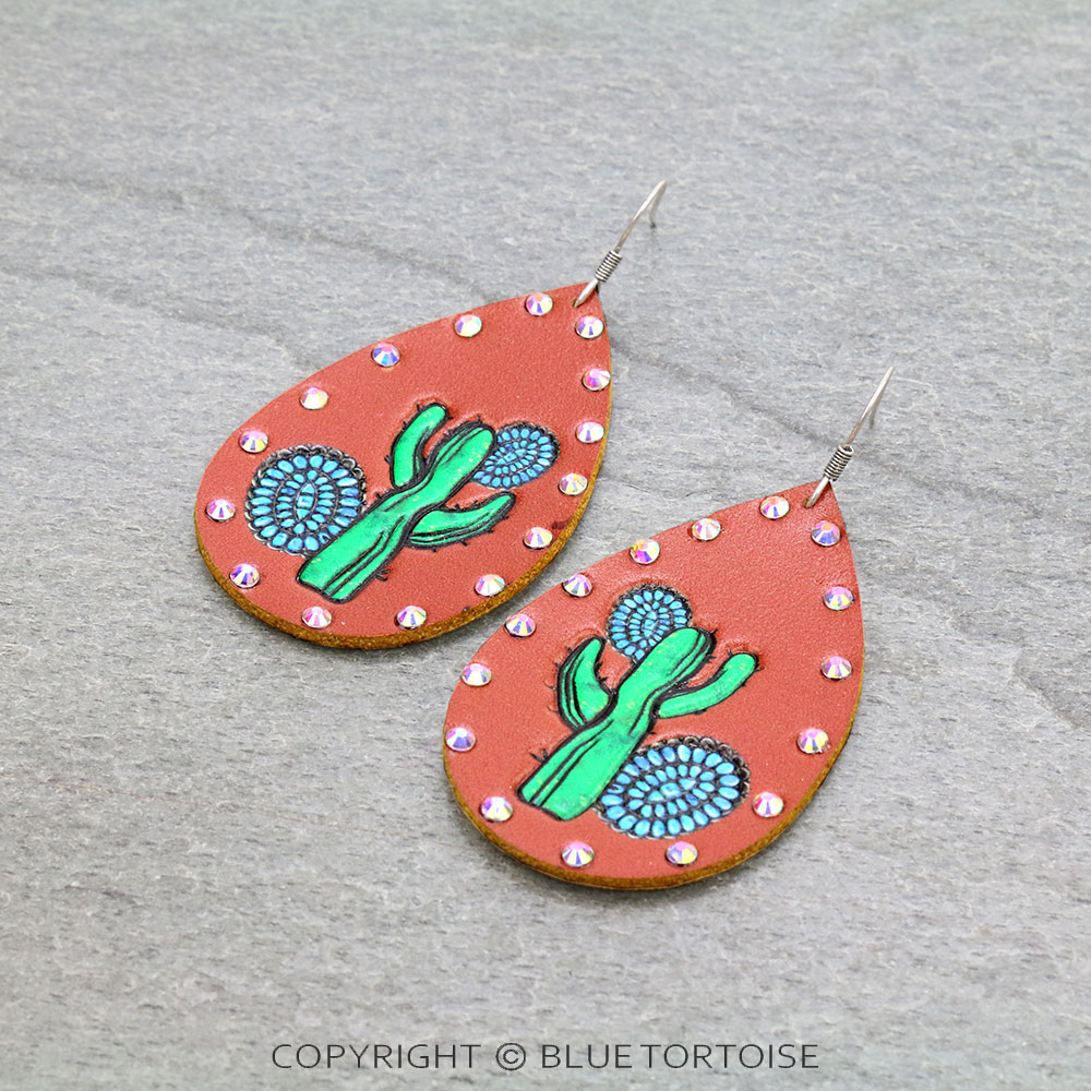 Cactus Print Leather Teardrop Dangle Earrings