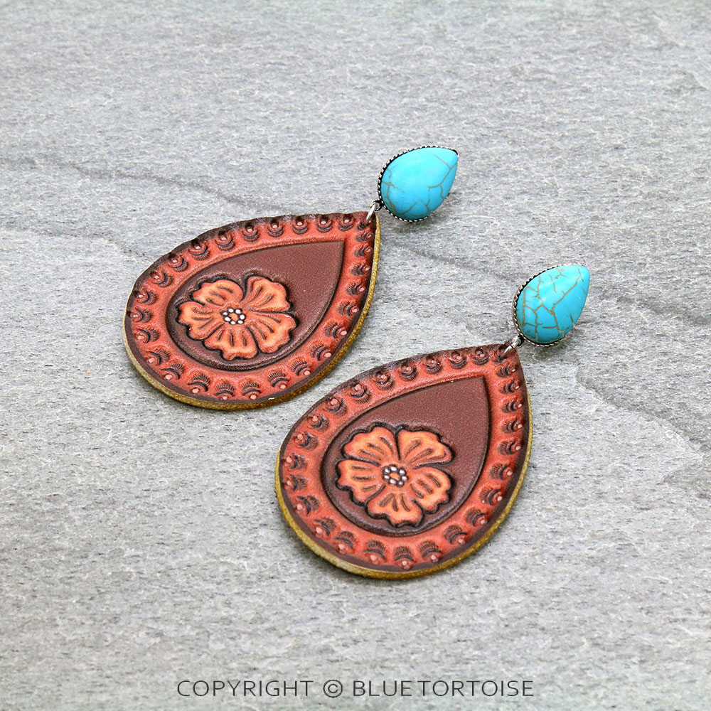Flower Print Leather Teardrop Stud Earrings