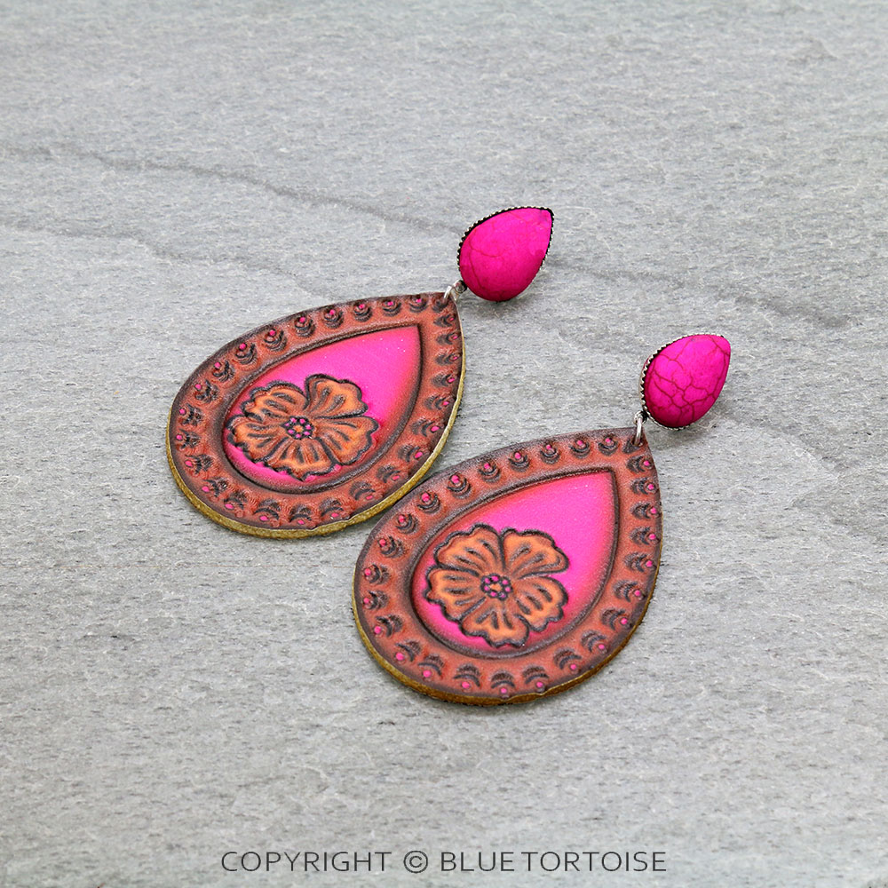Flower Print Leather Teardrop Stud Earrings