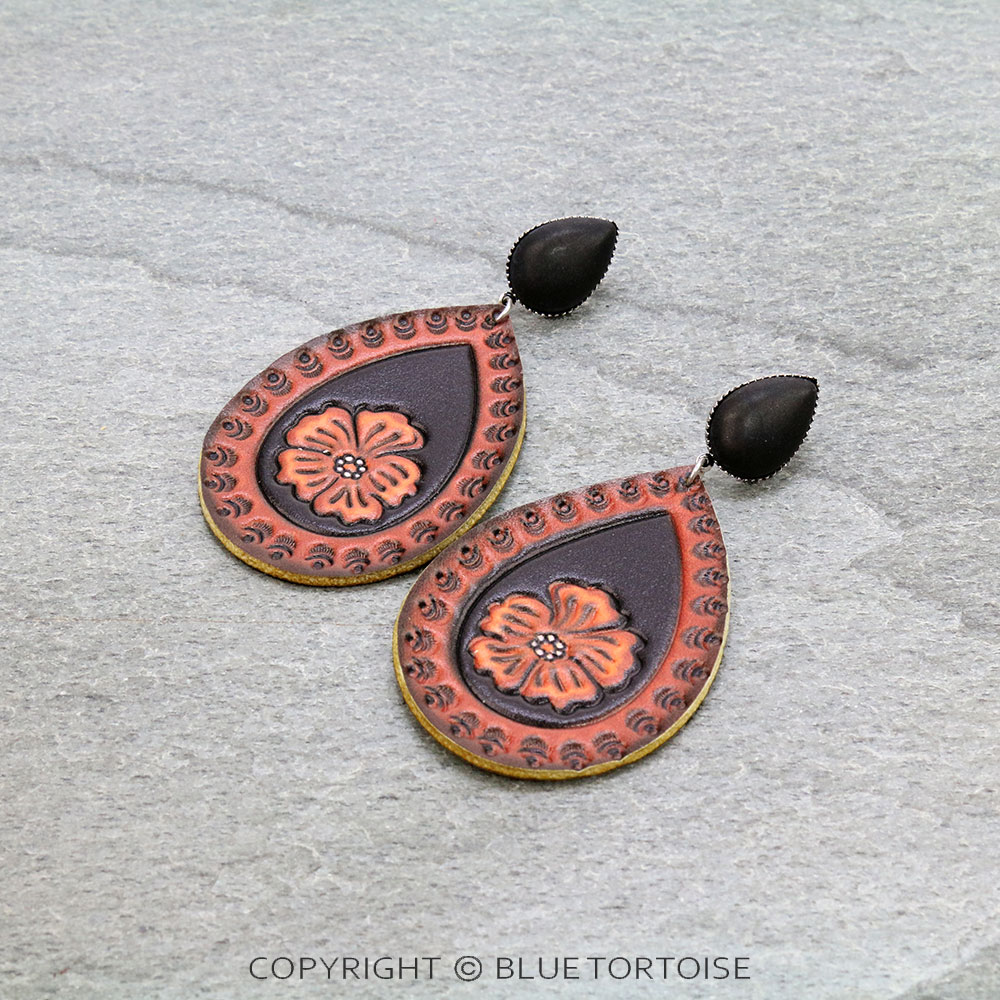 Flower Print Leather Teardrop Stud Earrings