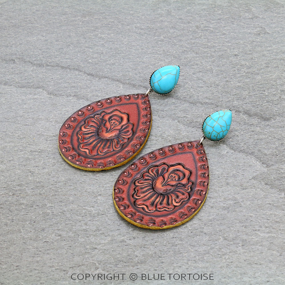 Flower Print Leather Teardrop Stud Earrings