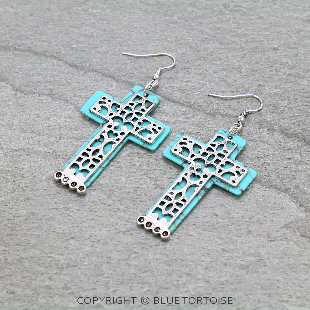 Western Stone Cross Dangle Earrings - Image 3