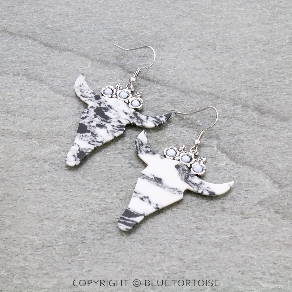 Western Stone Steer Head Dangle Earrings