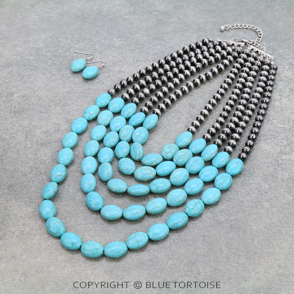 Western Navajo Style Pearl with Stone Layered Necklace Set