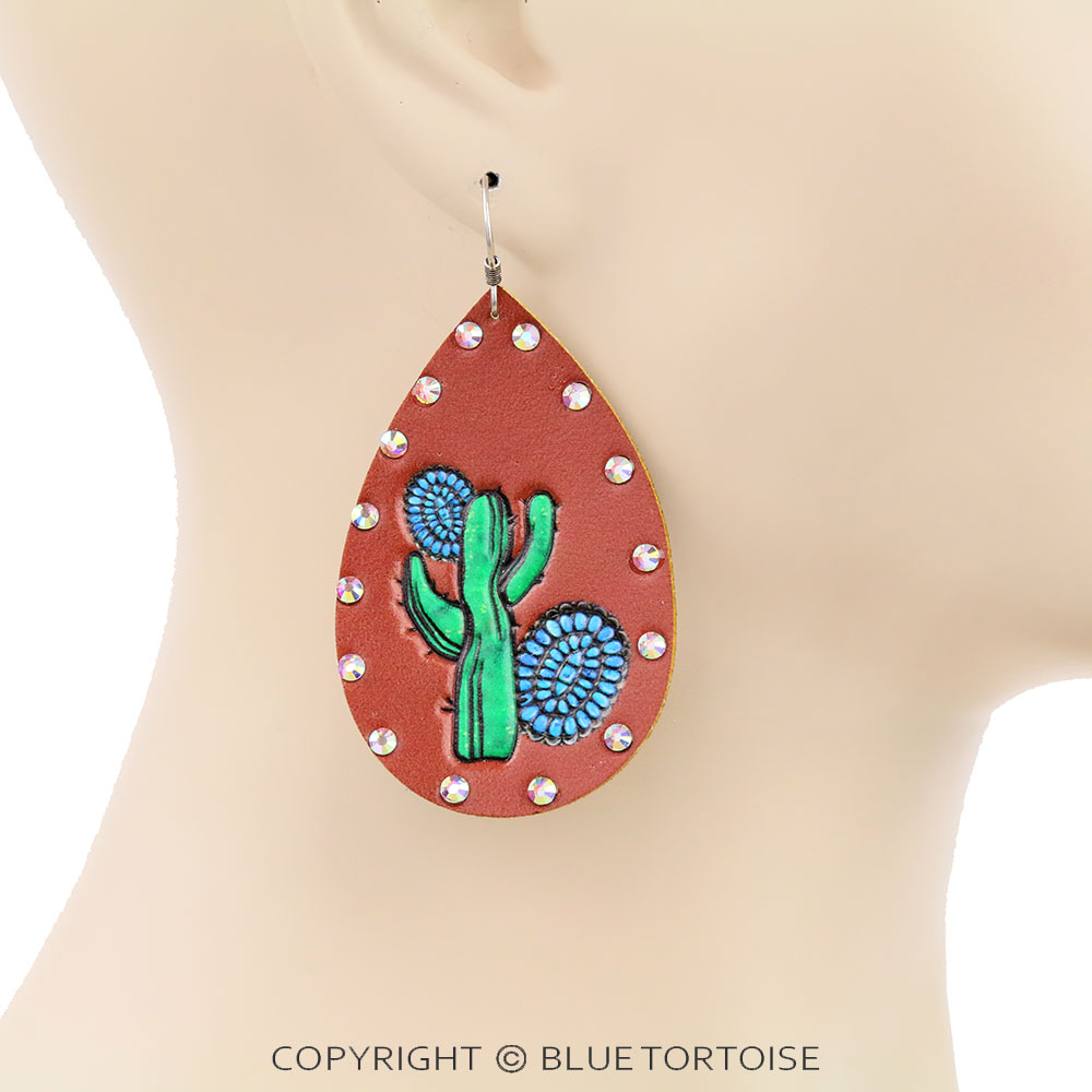 Cactus Print Leather Teardrop Dangle Earrings - Image 2
