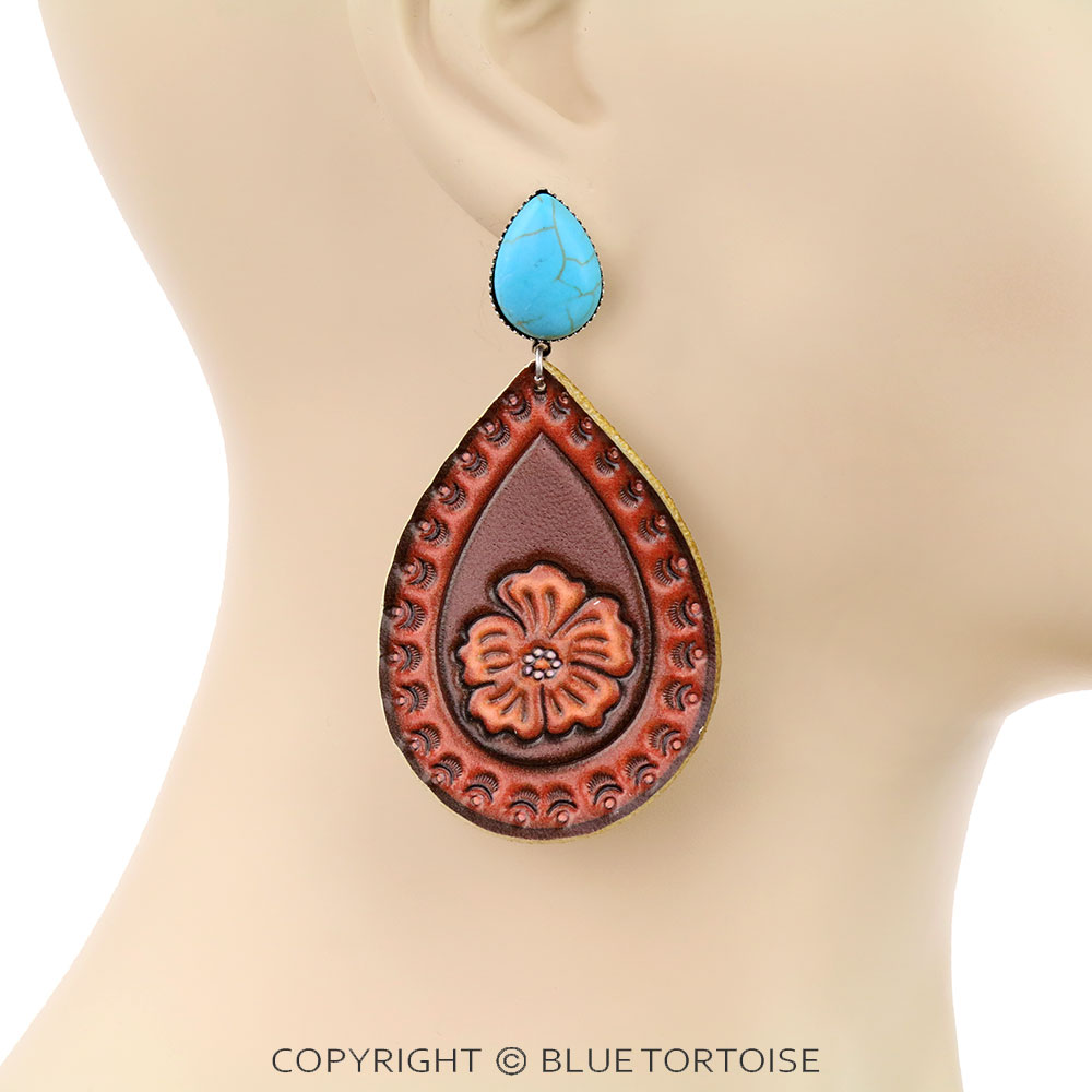 Flower Print Leather Teardrop Stud Earrings - Image 2