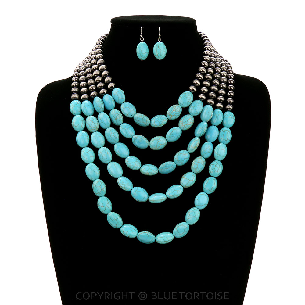 Western Navajo Style Pearl with Stone Layered Necklace Set - Image 2