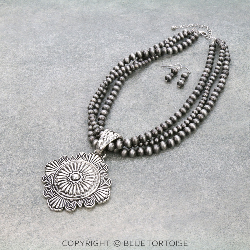 Western Navajo Style Pearl with Aztec Pendant Necklace Set