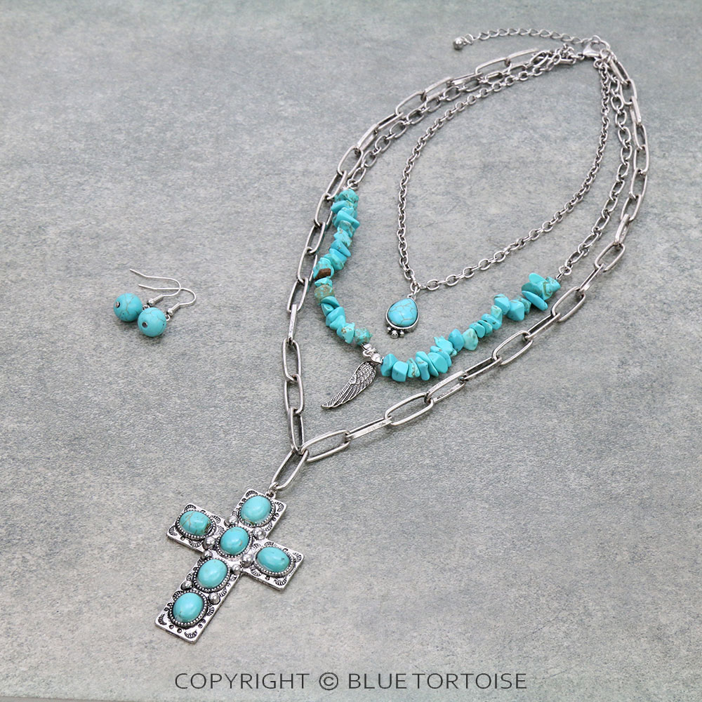 Western Cross Stone Layered Necklace Set