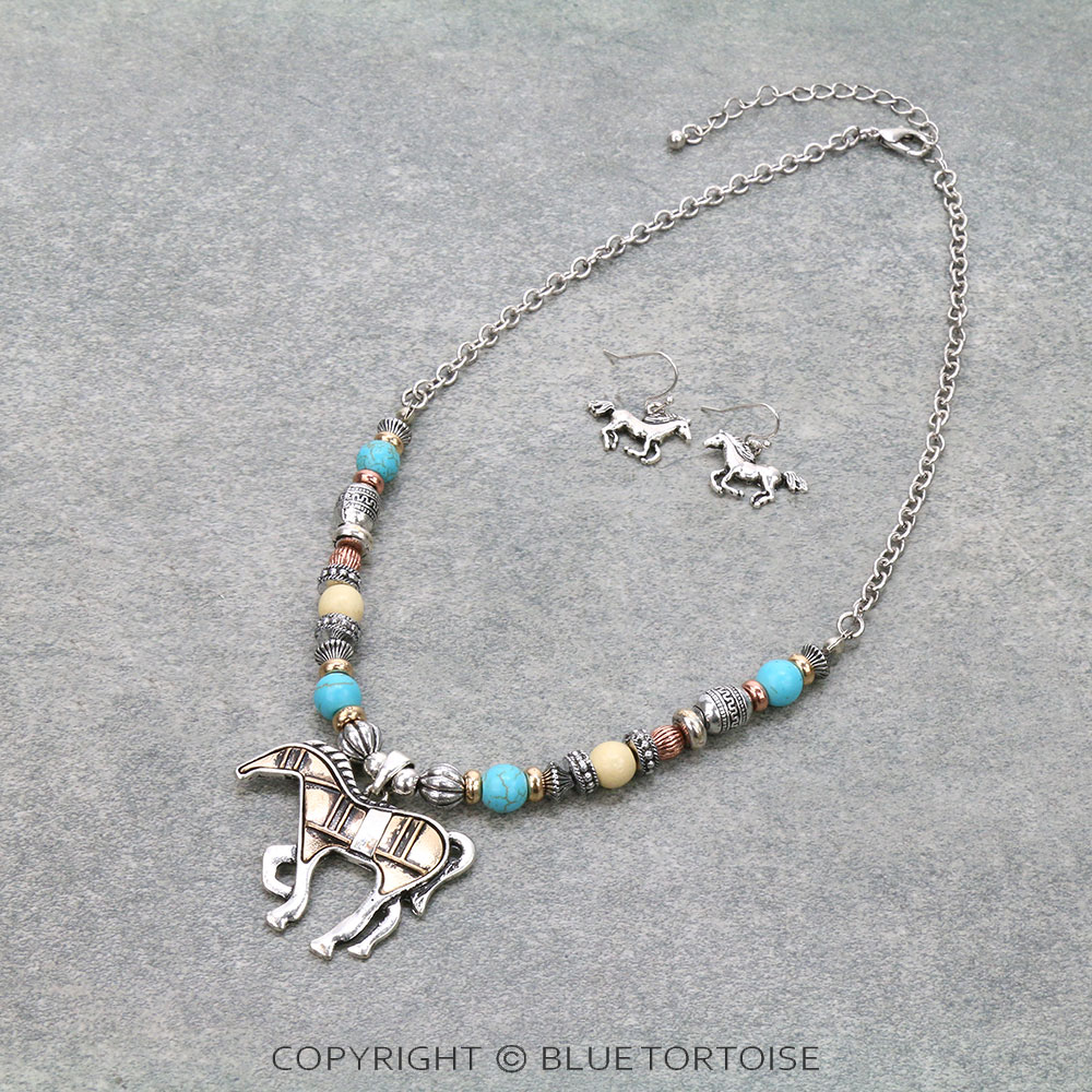 Western Horse Pendant with Multi Bead Necklace Set
