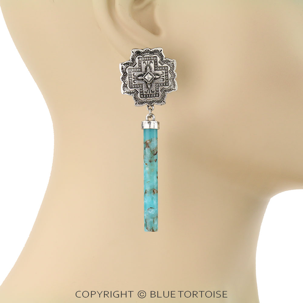 Western Aztec Style Cross with Stone Bar Stud Earrings - Image 2