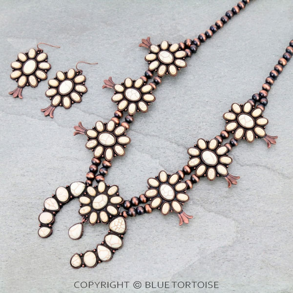 Navajo Style Pearl Squash Blossom Necklace Set