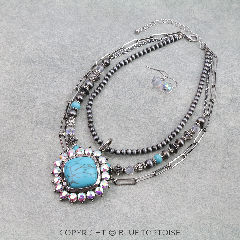 3 Layered Western Concho Stone Pendant Necklace Set