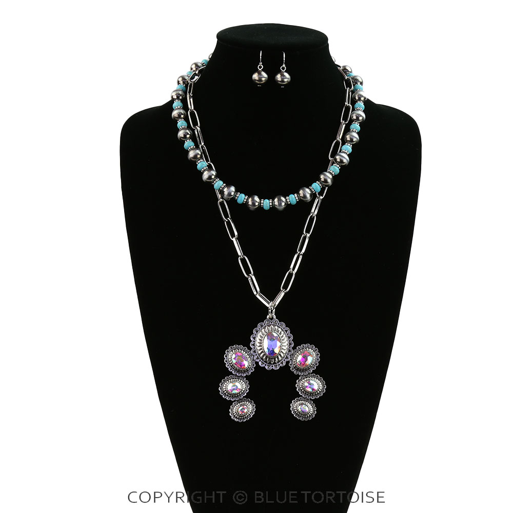 2 Layered Western Squash Blossom Pendant Necklace Set - Image 2