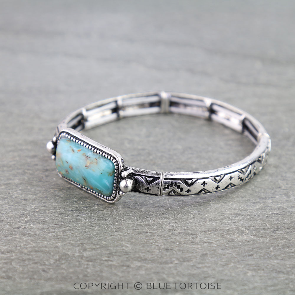 Western Aztec TXR Bar Hand Stone Stretch Bracelet - Image 2