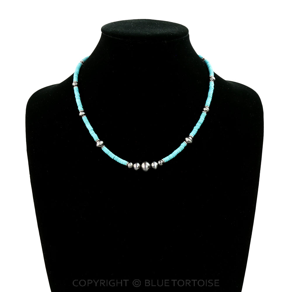 Navajo Style Pearl & TQ Bead Necklace - Image 2