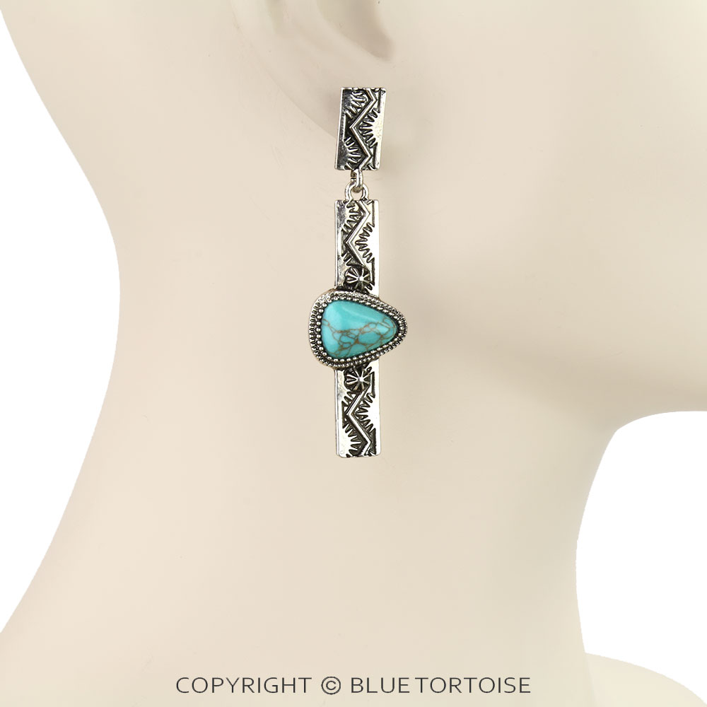 Western Engraved Bar Stone Stud Earrings - Image 2