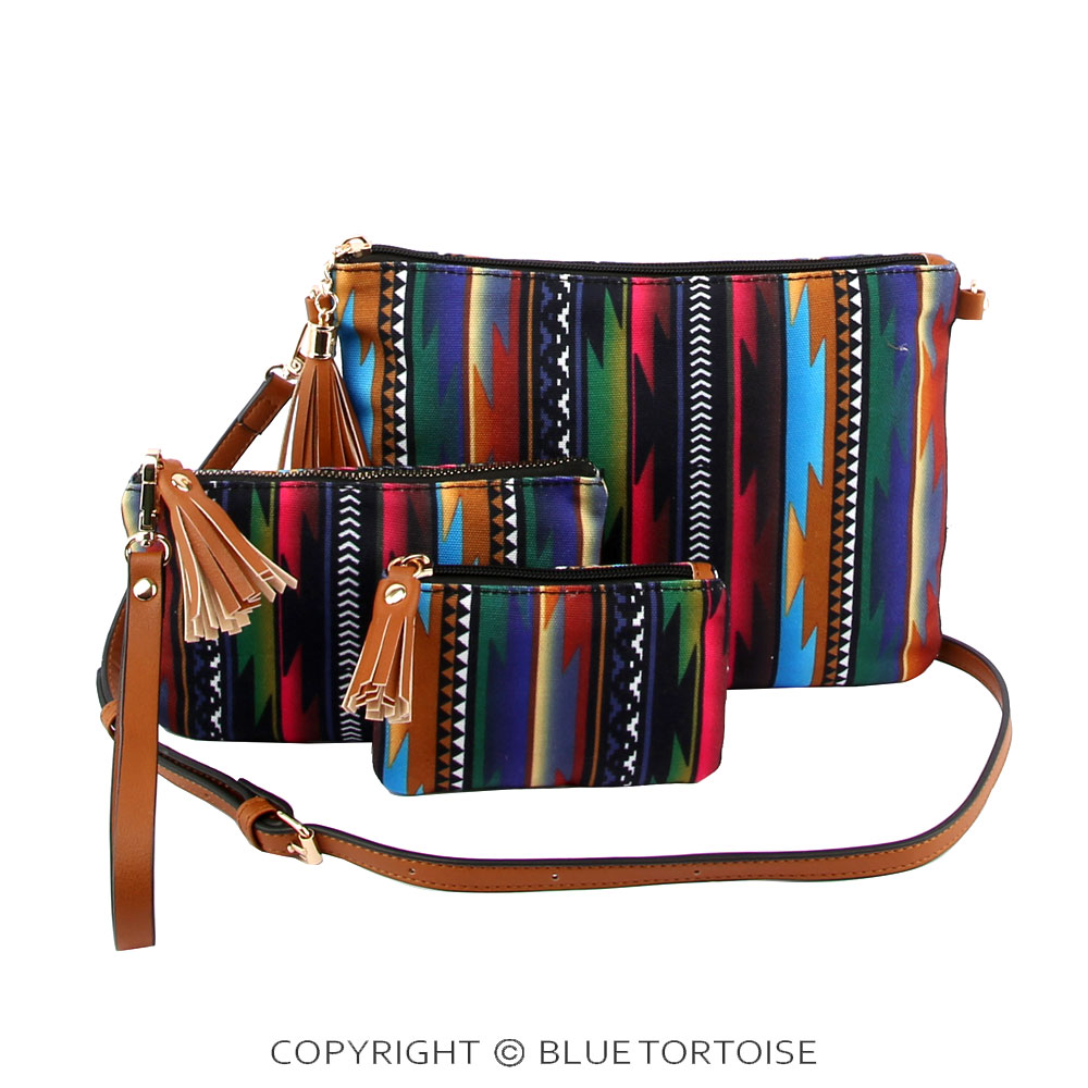 Aztec Pattern Printed Crossbody Bag with Extra Pouch and Wallet