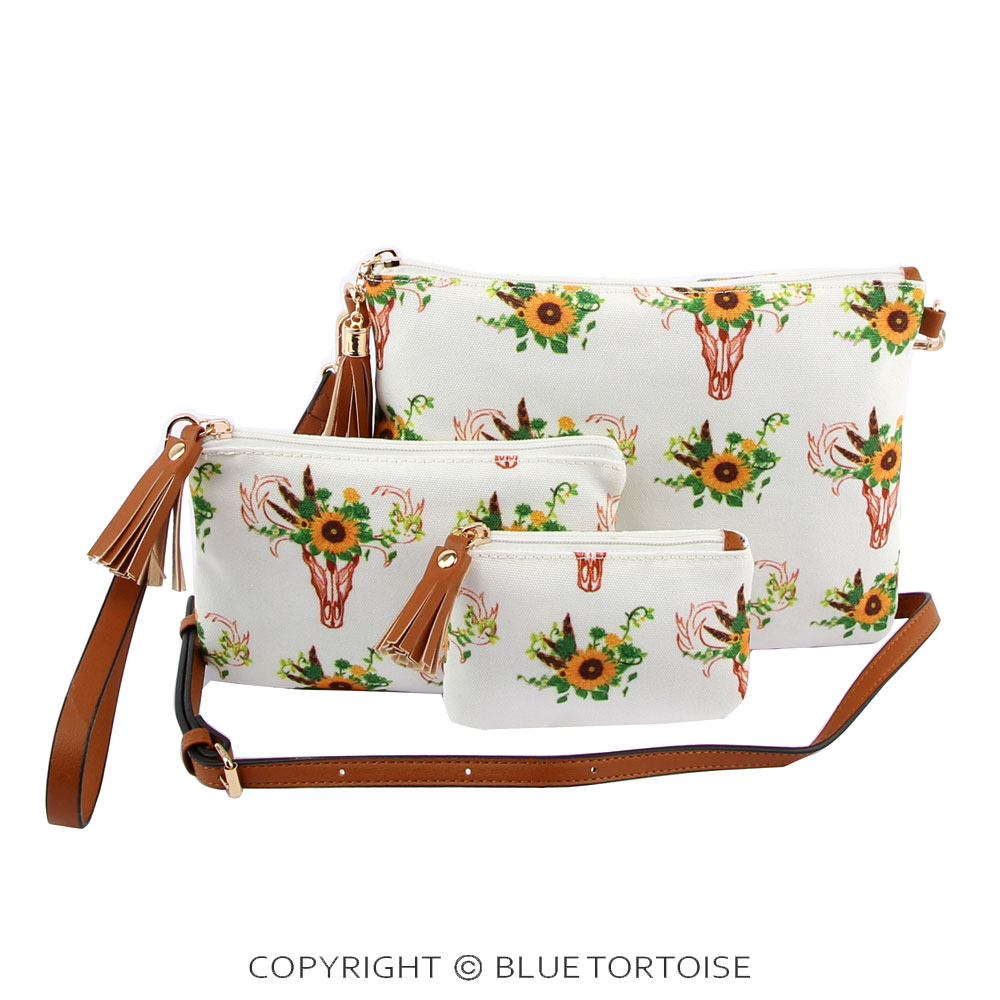 Floral Steer Head Printed Crossbody Bag with Extra Pouch and Wallet