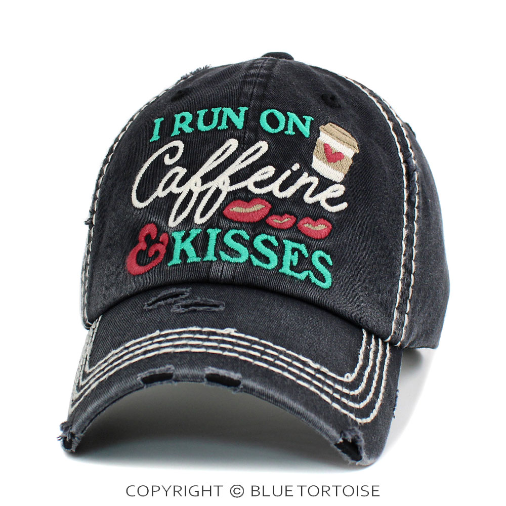 "I Run On Caffeine & Kisses" Washed Vintage Ballcap - Image 2